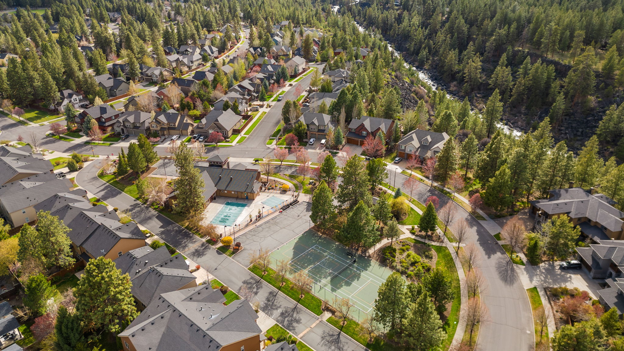 Aerial view of River Canyon Estates amenities in Bend Oregon